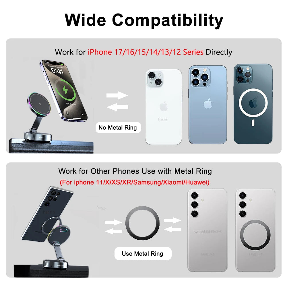 Car Wireless Charger For iPhone 17 16 15 14 13 12 Pro Max Magnetic Phone Charging Holder 360°Adjustable Suction Foldable Charger