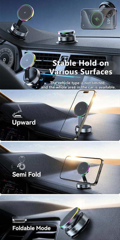 Car Wireless Charger For iPhone 17 16 15 14 13 12 Pro Max Magnetic Phone Charging Holder 360°Adjustable Suction Foldable Charger