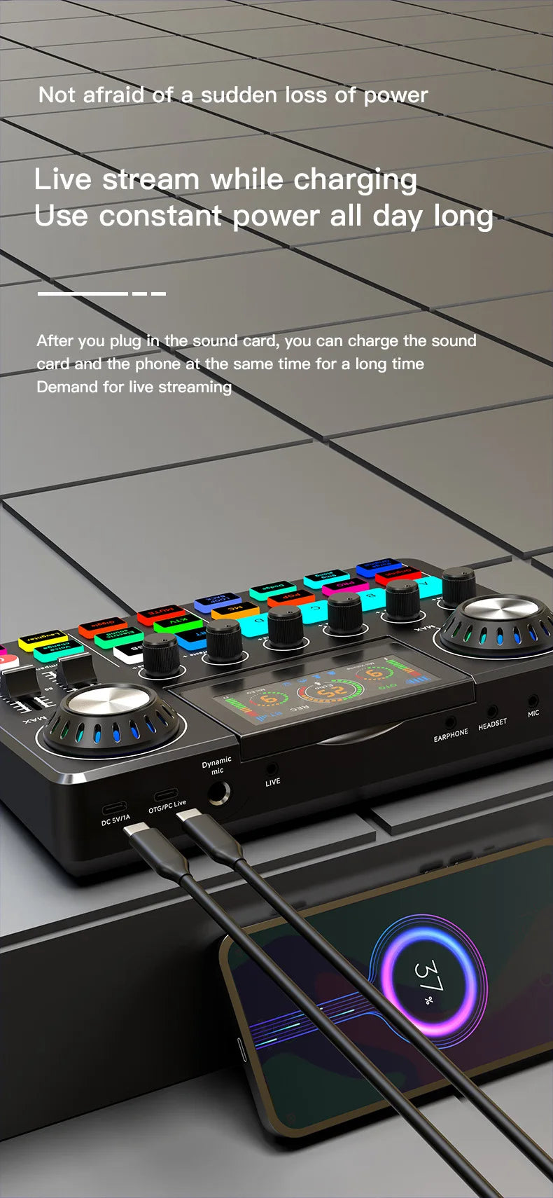 Audio Mixer, Live Sound Card with DJ Mixer Effects & Voice Changer, Sound Board with RGB, Music Recording Equipment
