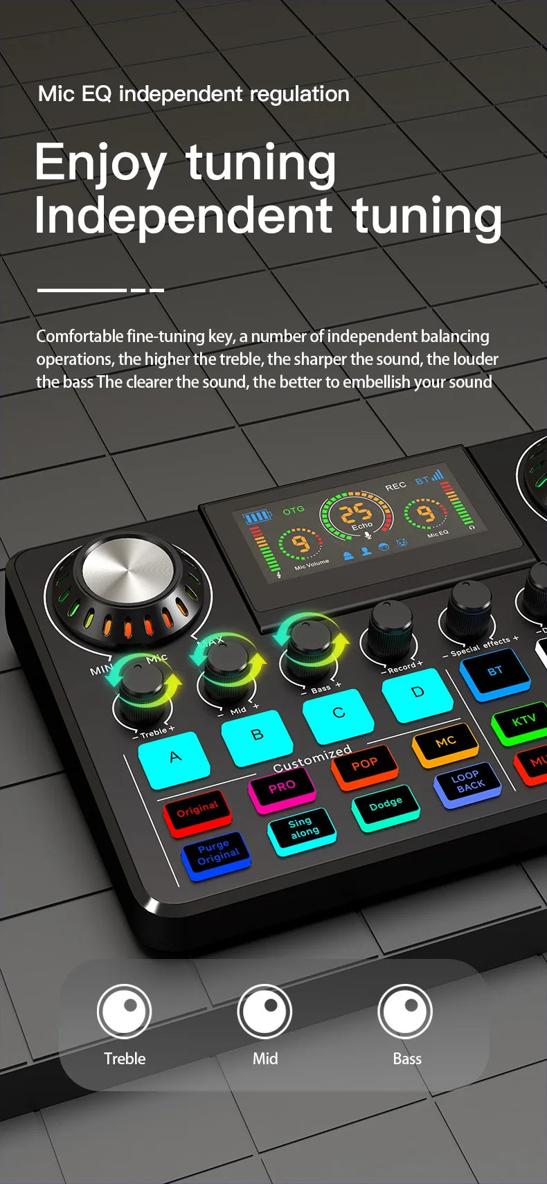 Audio Mixer, Live Sound Card with DJ Mixer Effects & Voice Changer, Sound Board with RGB, Music Recording Equipment