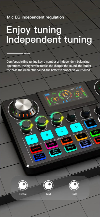 Audio Mixer, Live Sound Card with DJ Mixer Effects & Voice Changer, Sound Board with RGB, Music Recording Equipment