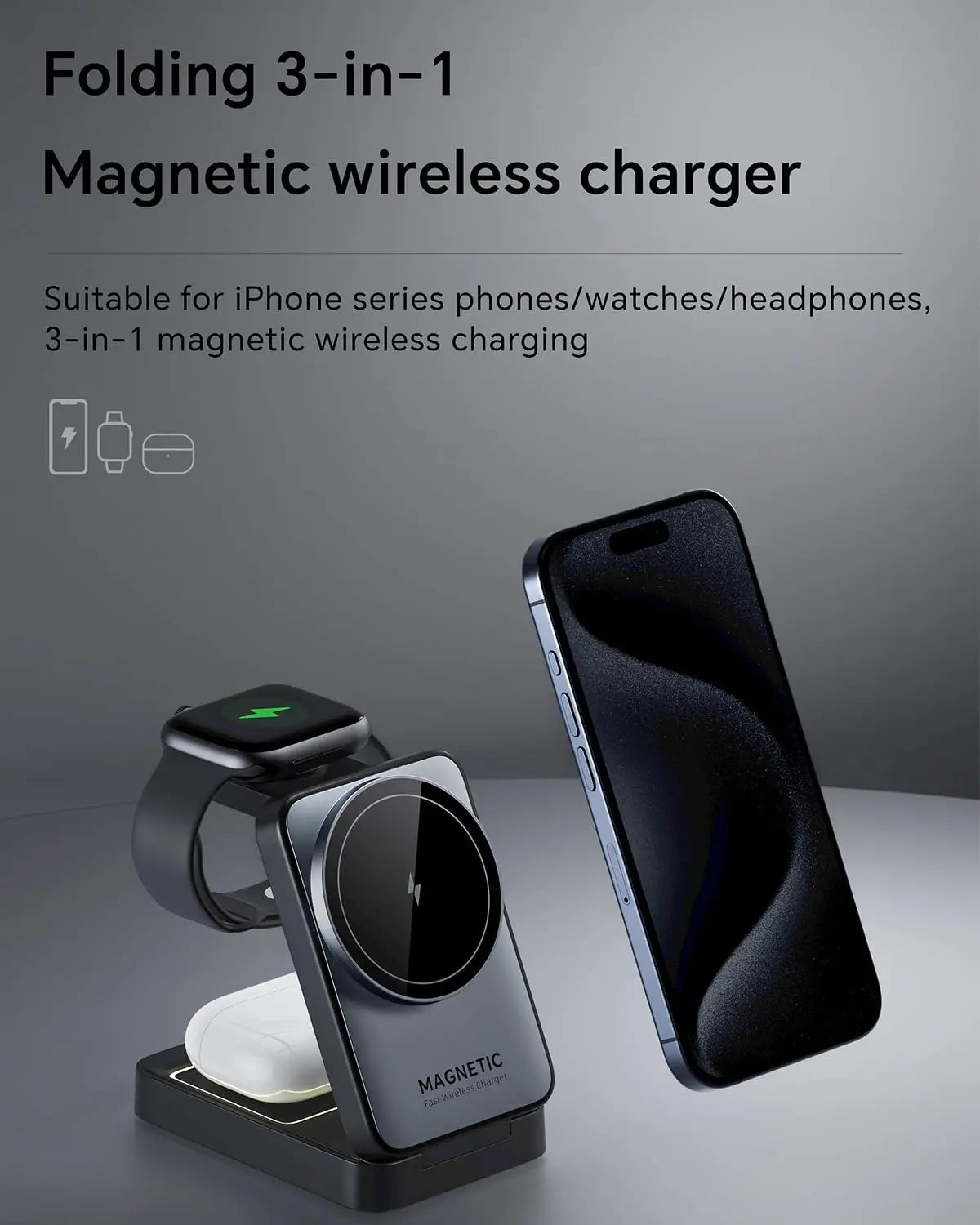 Magnetic 3 in 1 Foldable Wireless Charger for iPhone 16/15/14/13 Pro Max, AirPods, iWatch Fast Charging Stand