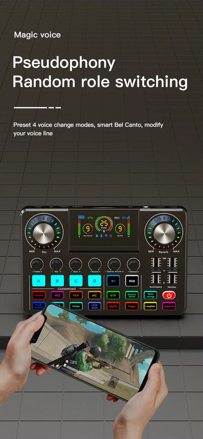 Audio Mixer, Live Sound Card with DJ Mixer Effects & Voice Changer, Sound Board with RGB, Music Recording Equipment