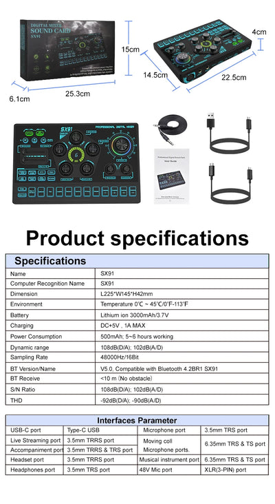 Sound Card Podcast Microphone Sound Card Microphone Sound Mixer live Sound Card Audio Mixing Console Amplifier for Livestreaming