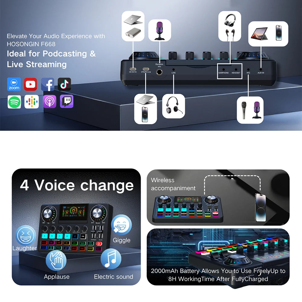 Audio Mixer, Live Sound Card with DJ Mixer Effects & Voice Changer, Sound Board with RGB, Music Recording Equipment