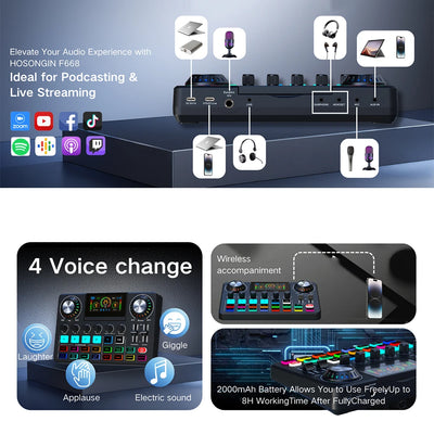 Audio Mixer, Live Sound Card with DJ Mixer Effects & Voice Changer, Sound Board with RGB, Music Recording Equipment