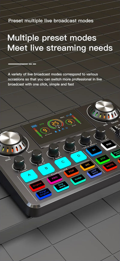 Audio Mixer, Live Sound Card with DJ Mixer Effects & Voice Changer, Sound Board with RGB, Music Recording Equipment