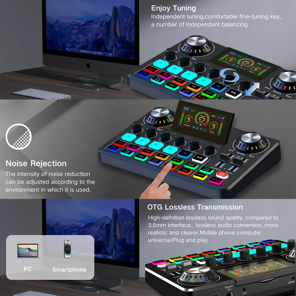 Audio Mixer, Live Sound Card with DJ Mixer Effects & Voice Changer, Sound Board with RGB, Music Recording Equipment