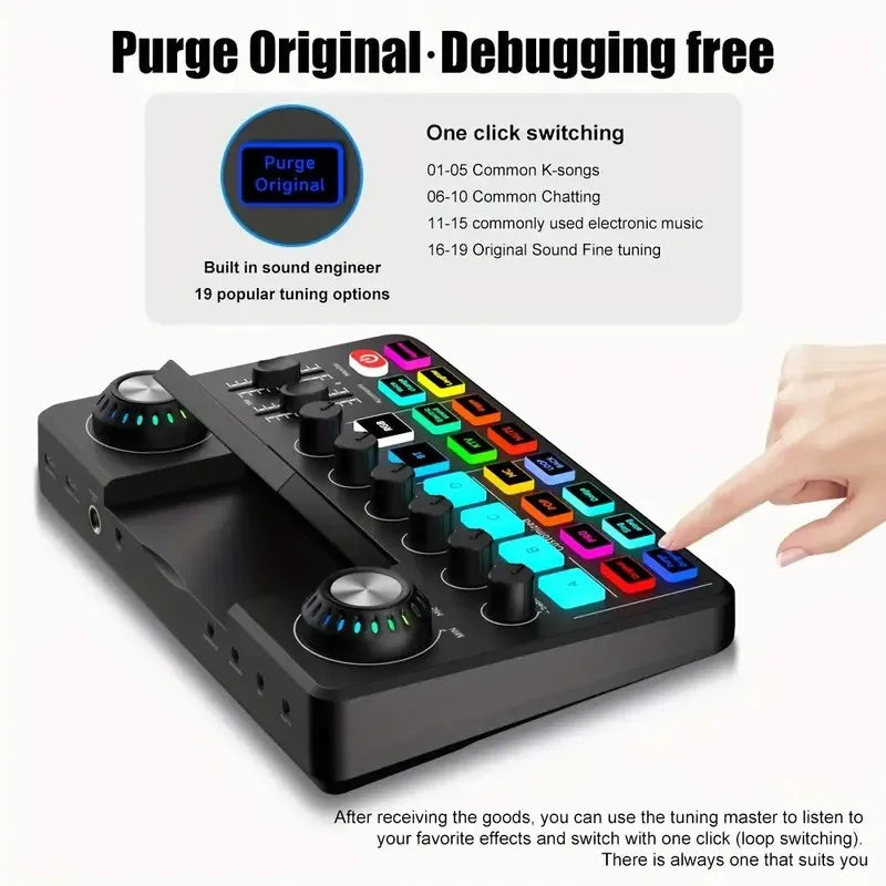 Audio Mixer, Live Sound Card with DJ Mixer Effects & Voice Changer, Sound Board with RGB, Music Recording Equipment