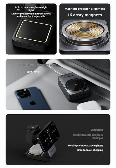 Magnetic 3 in 1 Foldable Wireless Charger for iPhone 16/15/14/13 Pro Max, AirPods, iWatch Fast Charging Stand