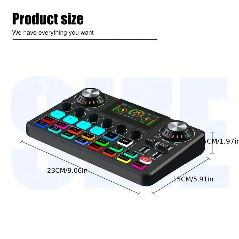 Audio Mixer, Live Sound Card with DJ Mixer Effects & Voice Changer, Sound Board with RGB, Music Recording Equipment