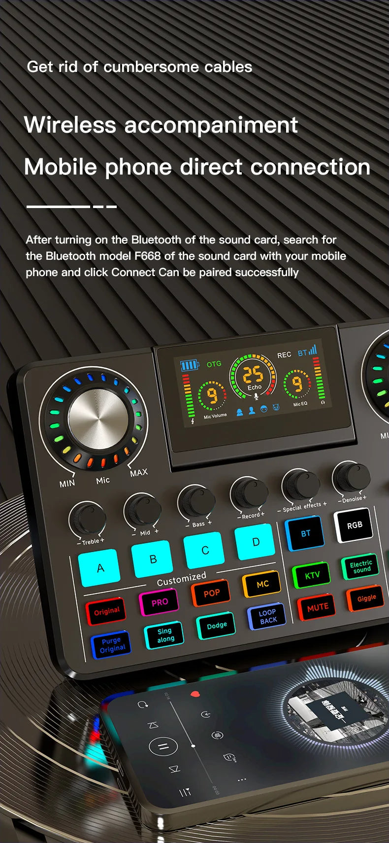 Audio Mixer, Live Sound Card with DJ Mixer Effects & Voice Changer, Sound Board with RGB, Music Recording Equipment
