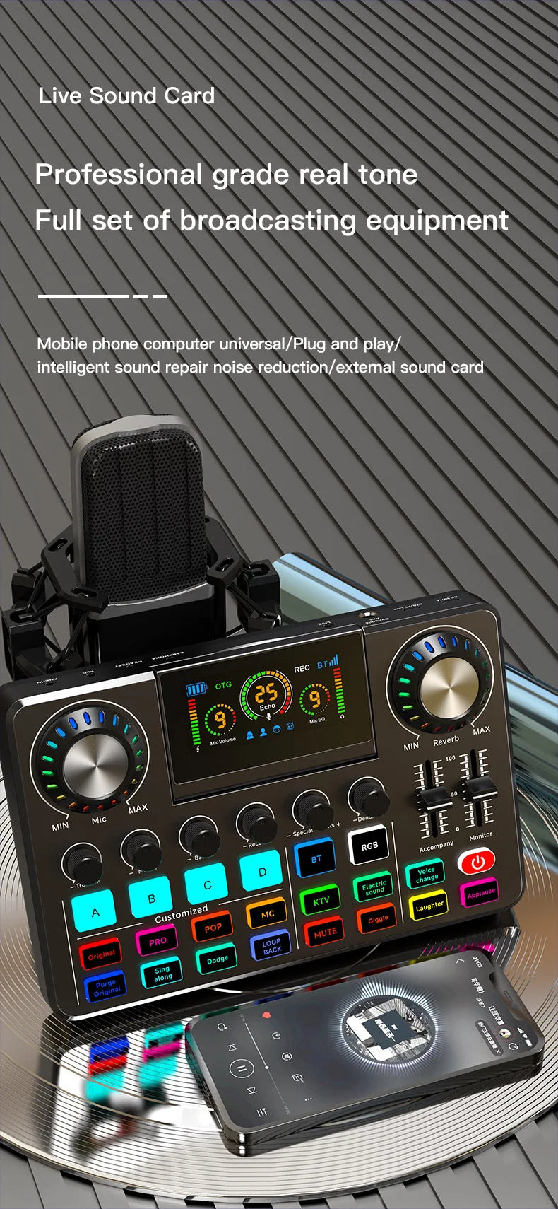 Audio Mixer, Live Sound Card with DJ Mixer Effects & Voice Changer, Sound Board with RGB, Music Recording Equipment