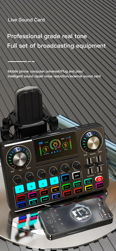 Audio Mixer, Live Sound Card with DJ Mixer Effects & Voice Changer, Sound Board with RGB, Music Recording Equipment
