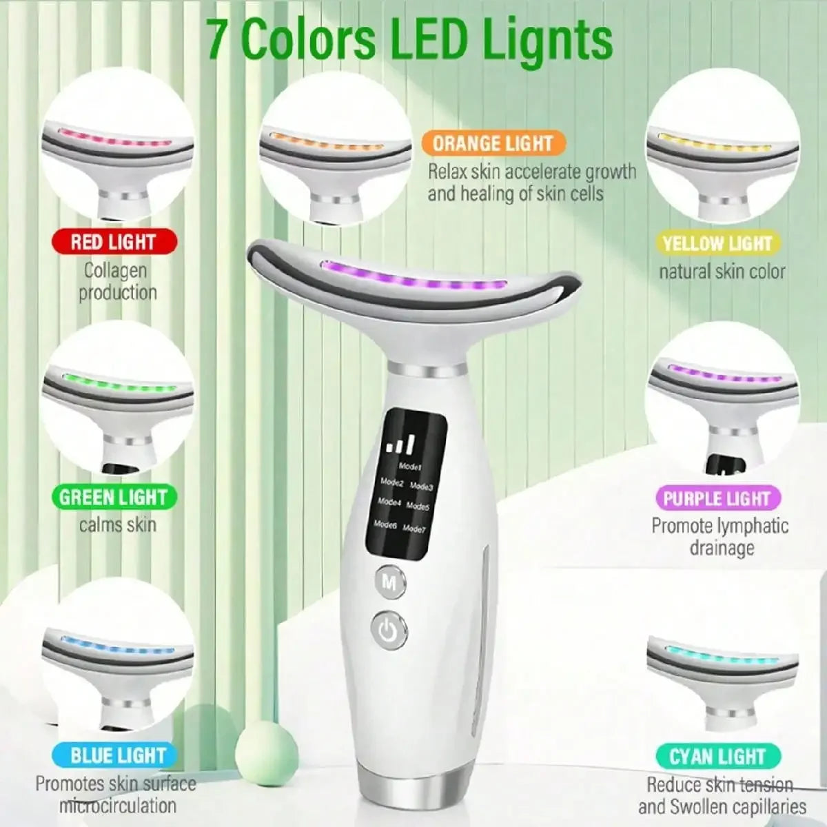 Smart Skin Care Device with 7 LED Lights, Lifting and Firming for Face and Double Chin, Easy to Use with Curved Handle