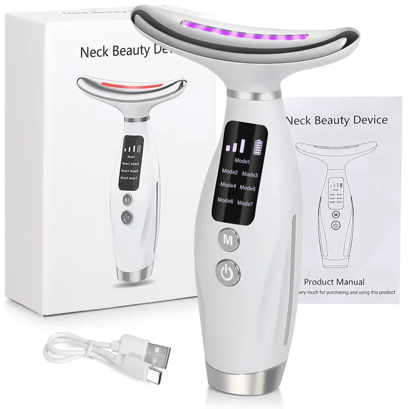 Smart Skin Care Device with 7 LED Lights, Lifting and Firming for Face and Double Chin, Easy to Use with Curved Handle