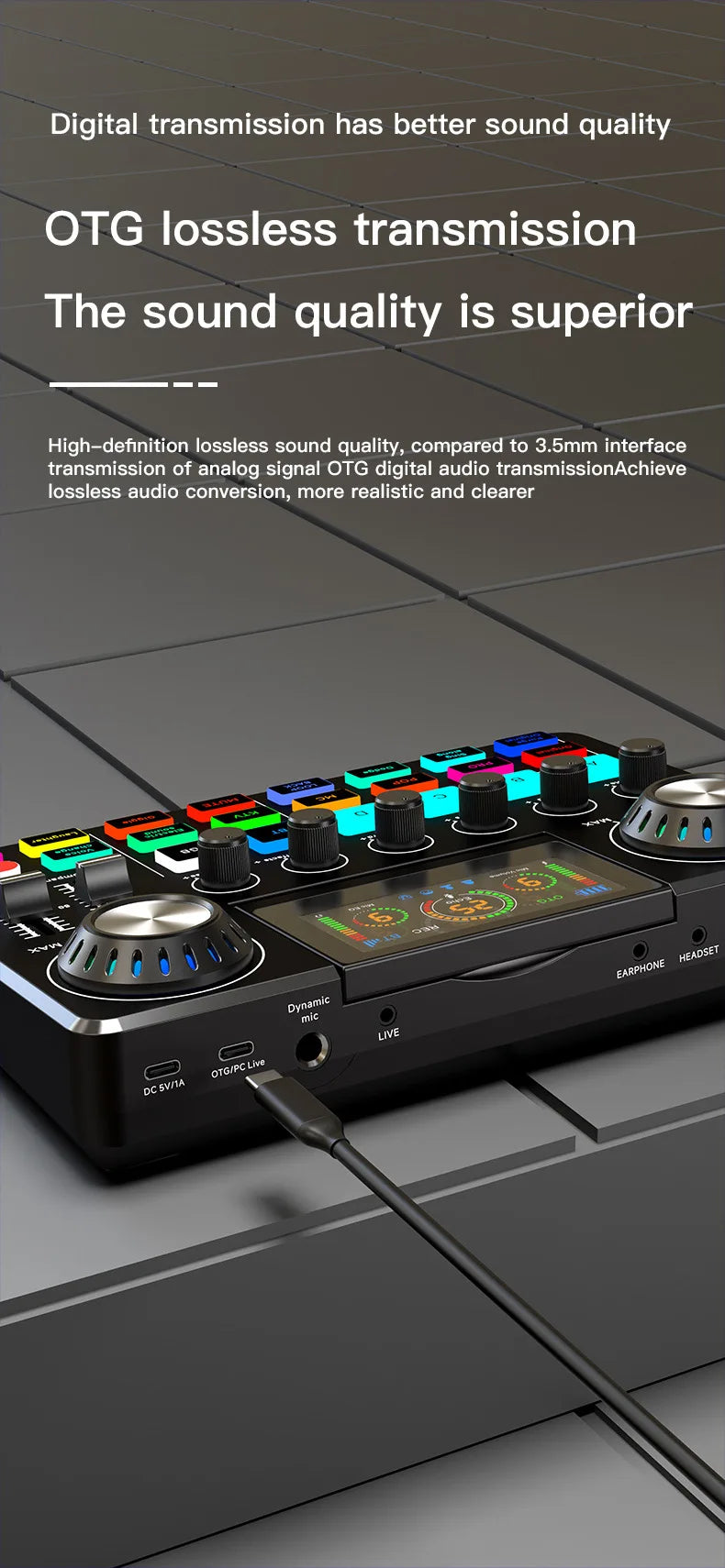 Audio Mixer, Live Sound Card with DJ Mixer Effects & Voice Changer, Sound Board with RGB, Music Recording Equipment