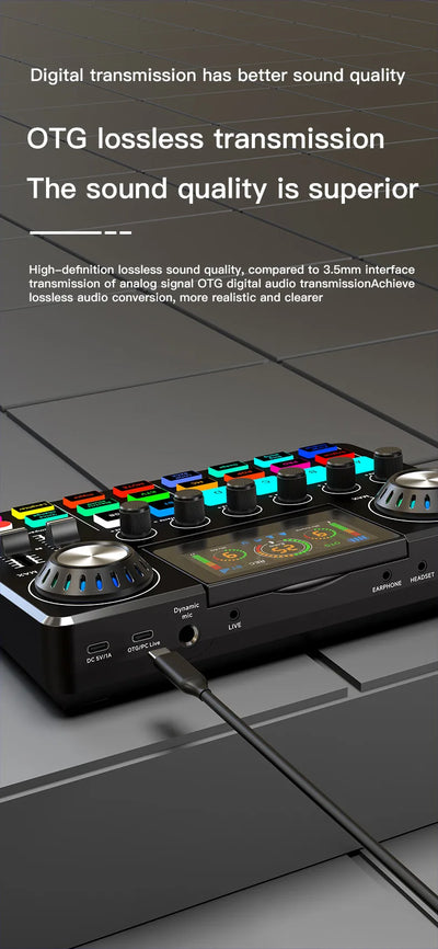 Audio Mixer, Live Sound Card with DJ Mixer Effects & Voice Changer, Sound Board with RGB, Music Recording Equipment