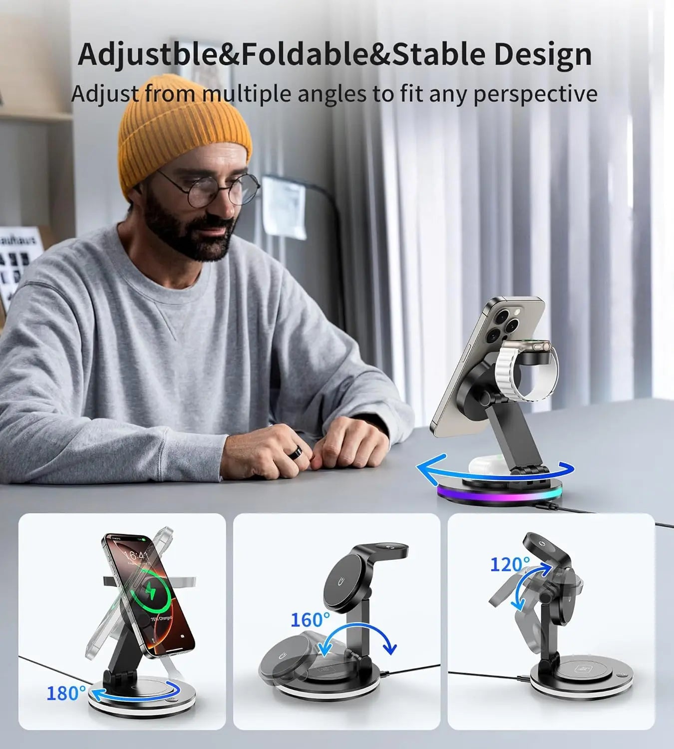 Magnetic Wireless Charging Station for iPhone 16 15 14 Foldable Rotating Light Adjustment 3-in-1 15W Fast Mag-Safe Charger Stand