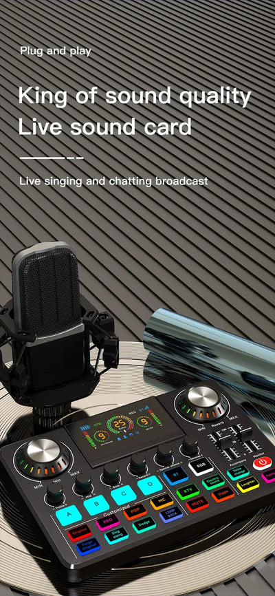 Audio Mixer, Live Sound Card with DJ Mixer Effects & Voice Changer, Sound Board with RGB, Music Recording Equipment