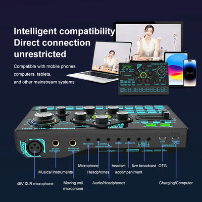 Sound Card Podcast Microphone Sound Card Microphone Sound Mixer live Sound Card Audio Mixing Console Amplifier for Livestreaming