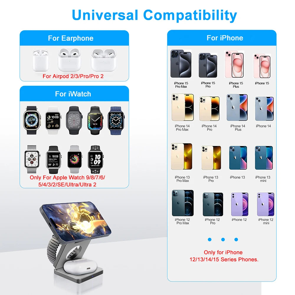 Wireless Charger for iPhone 3 in 1 Foldable Magnetic Wireless Charging Station for iPhone 15 14 13 12 Pro Max Charger Station