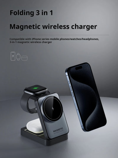 Magnetic 3 in 1 Foldable Wireless Charger for iPhone 16/15/14/13 Pro Max, AirPods, iWatch Fast Charging Stand