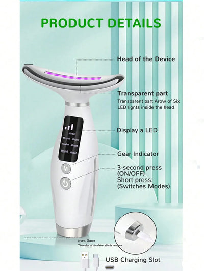 Smart Skin Care Device with 7 LED Lights, Lifting and Firming for Face and Double Chin, Easy to Use with Curved Handle