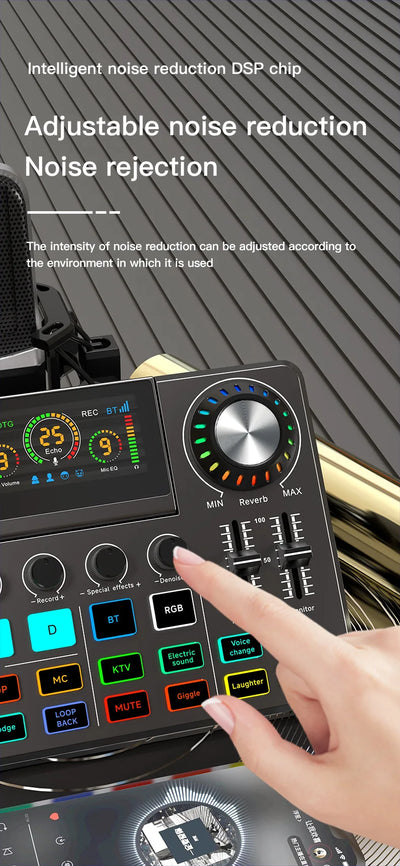 Audio Mixer, Live Sound Card with DJ Mixer Effects & Voice Changer, Sound Board with RGB, Music Recording Equipment