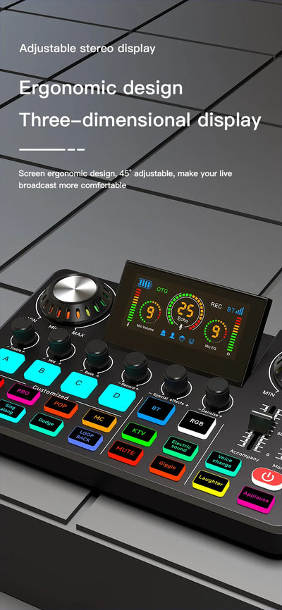 Audio Mixer, Live Sound Card with DJ Mixer Effects & Voice Changer, Sound Board with RGB, Music Recording Equipment